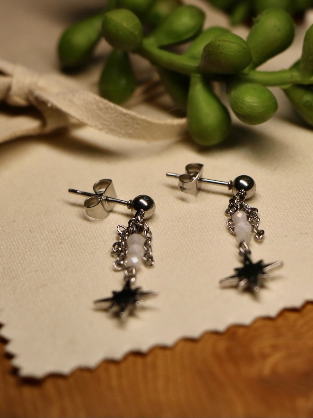 Silver Star Drop Earrings with White Opal accent and moonstone, Non Tarnish - Picture 2 of 3
